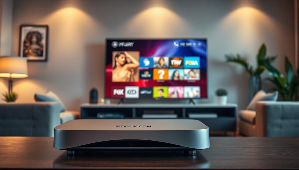 A sleek living room setting showcasing a modern IPTV streaming device prominently placed on a stylish entertainment unit. In the foreground, the device features a minimalist design with soft curves and a muted color palette. The middle layer includes a flat-screen television displaying a vibrant, visually engaging user interface of an IPTV service, emphasizing ease of navigation. In the background, a cozy atmosphere is created with warm lighting, soft shadows, and elegant decor like a plush sofa and decorative plants. The overall mood is inviting and tech-savvy, reflecting a contemporary space for digital entertainment. Subtly incorporate the brand name "IPTVVUK.COM" on the device, without overwhelming the composition. The scene is captured with a slight depth of field to emphasize the device and screen, creating a focused and professional feel.