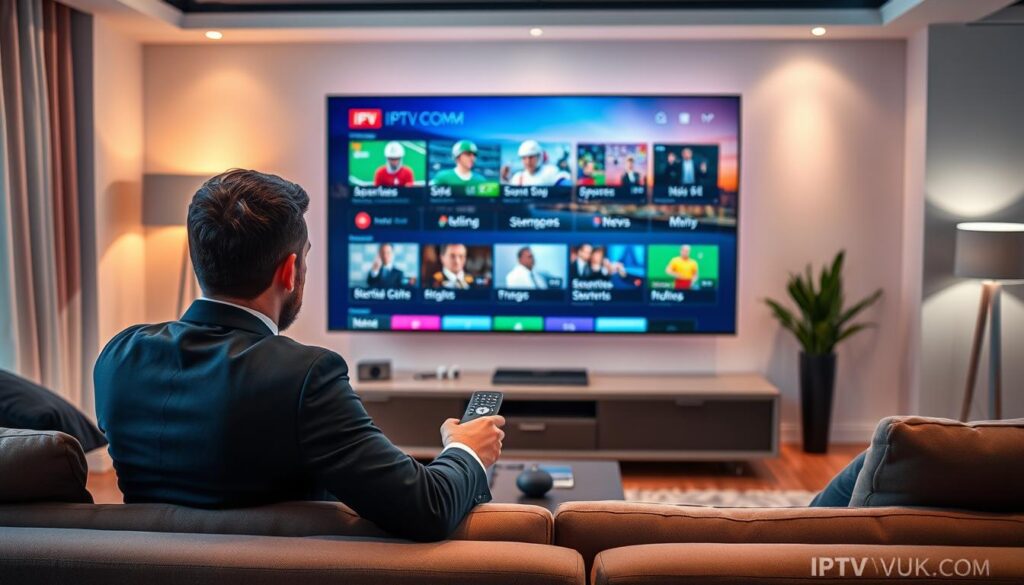 A sleek living room setting showcasing a modern television displaying a high-definition IPTV interface, emphasizing stability and performance. In the foreground, a well-dressed professional man in his 30s is seated on a stylish couch, remotely adjusting streaming services on the TV, symbolizing user engagement. The middle ground features vibrant visuals of seamless streaming content, portraying sports, news, and movies, with an indication of high-quality signals. The background depicts a serene atmosphere with soft ambient lighting, accentuating a calm evening vibe enhanced by a warm color palette. The image subtly integrates the brand name "IPTVVUK.COM" into the displayed television screen, without any text overlays. Use a soft focus lens effect for an inviting feel, ensuring a visually appealing and professional atmosphere that reflects IPTV service stability and performance considerations.