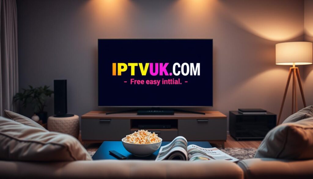 A sleek living room setup showcasing a modern flat-screen TV displaying the logo "IPTVVUK.COM" in vibrant colors, symbolizing a free trial invitation. In the foreground, a comfortable sofa with plush cushions invites relaxation, reflecting a cozy atmosphere. In the middle ground, a coffee table is adorned with a remote control, a bowl of popcorn, and a magazine about entertainment options, suggesting casual viewing. The background features warm ambient lighting from a stylish lamp, creating a welcoming environment perfect for family and friends. The scene is captured using a soft focus lens to emphasize the foreground, evoking a sense of enjoyment and discovery. Overall, the mood is inviting, promoting the idea of easy exploration of IPTV services without commitment.