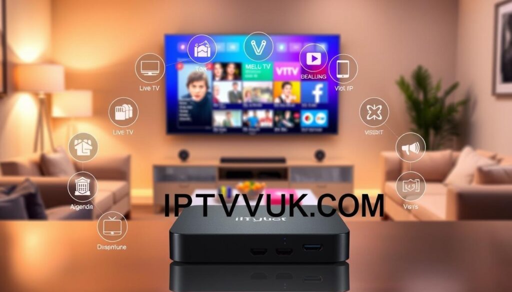 A sleek, modern IPTV box is displayed prominently in the foreground, showcasing its compact design and multiple connectivity ports, including HDMI and USB. Surrounding the box are icons representing various features such as streaming services, live TV, and video on demand, illustrated as vivid symbols that are easy to recognize. In the middle ground, a high-definition television screen shows a vibrant interface displaying popular channels, enhancing the IPTV experience. The background is softly blurred, featuring a stylish living room setting with comfortable furniture and warm lighting to create a cozy atmosphere. The ambient light is soft yet bright, bringing out the colors of the IPTV box and the TV interface. Overlay this scene with the brand name "IPTVVUK.COM" in a subtle, elegant font. A sleek, modern IPTV box is displayed prominently in the foreground, showcasing its compact design and multiple connectivity ports, including HDMI and USB. Surrounding the box are icons representing various features such as streaming services, live TV, and video on demand, illustrated as vivid symbols that are easy to recognize. In the middle ground, a high-definition television screen shows a vibrant interface displaying popular channels, enhancing the IPTV experience. The background is softly blurred, featuring a stylish living room setting with comfortable furniture and warm lighting to create a cozy atmosphere. The ambient light is soft yet bright, bringing out the colors of the IPTV box and the TV interface. Overlay this scene with the brand name "IPTVVUK.COM" in a subtle, elegant font.
