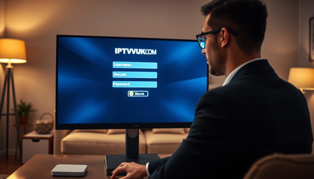 A sleek, modern IPTV login interface displayed on a computer screen, showing a user-friendly design with fields for username and password. In the foreground, a person in professional business attire, focused and attentive, is interacting with the interface, highlighting the secure access to streaming services. The middle layer features the glowing screen of the computer, showcasing the brand name "IPTVVUK.COM" prominently. In the background, a cozy living room setting with soft lighting, emphasizing a relaxed yet productive atmosphere. The overall mood is tech-savvy and inviting, with warm tones from floor lamps and a tidy environment that suggests comfort and professionalism. The angle is slightly elevated, providing a clear view of the login screen and the user's engagement with it.