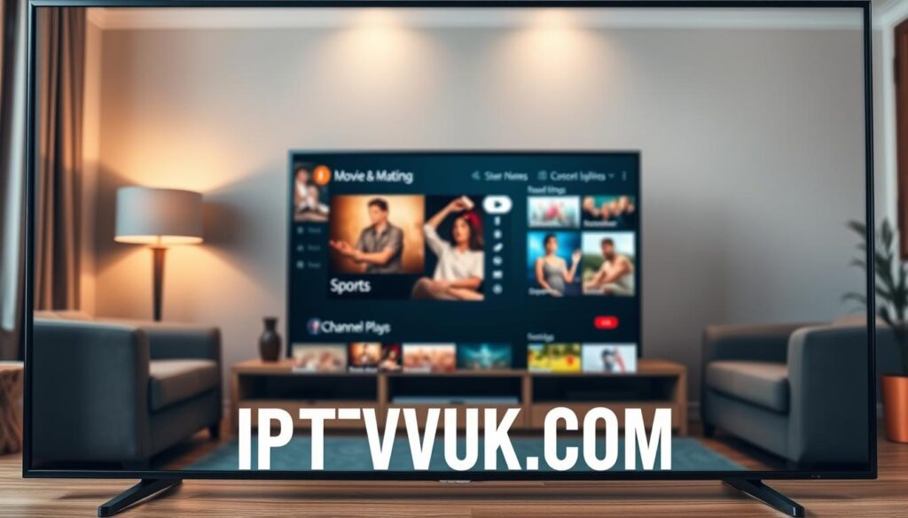 A sleek, modern IPTV player interface displayed prominently in the foreground, showcasing essential features like a user-friendly navigation menu, channel listings, and customizable settings. In the middle ground, an elegantly designed computer monitor with vibrant streaming content playing, featuring a variety of genres such as movies, sports, and news. The background includes a cozy living room environment with subtle lighting to create a warm atmosphere, emphasizing a sense of relaxation while enjoying media. The scene is captured from a slightly elevated angle, using soft, natural light to enhance the vibrant colors of the IPTV interface. The brand name "IPTVVUK.COM" is subtly integrated into the design of the interface, maintaining a polished and professional look.