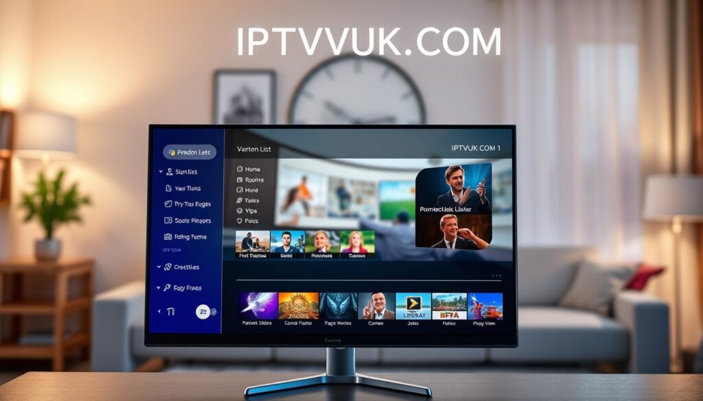 A sleek, modern IPTV player interface displayed prominently in the foreground, showcasing essential features like channel lists, video playback options, and settings menus. The middle layer should include a computer screen with vibrant graphics, depicting a user navigating through the IPTV player, engaging in a seamless watching experience. In the background, subtle hints of home entertainment elements like a cozy living room setting create a relatable atmosphere. Soft, warm lighting enhances the inviting mood, while a slight lens blur on the background emphasizes the focal point of the IPTV player. The brand name "IPTVVUK.COM" subtly integrated within the design. Capture a professional and informative spirit, suitable for a tech-savvy audience. A sleek, modern IPTV player interface displayed prominently in the foreground, showcasing essential features like channel lists, video playback options, and settings menus. The middle layer should include a computer screen with vibrant graphics, depicting a user navigating through the IPTV player, engaging in a seamless watching experience. In the background, subtle hints of home entertainment elements like a cozy living room setting create a relatable atmosphere. Soft, warm lighting enhances the inviting mood, while a slight lens blur on the background emphasizes the focal point of the IPTV player. The brand name "IPTVVUK.COM" subtly integrated within the design. Capture a professional and informative spirit, suitable for a tech-savvy audience.