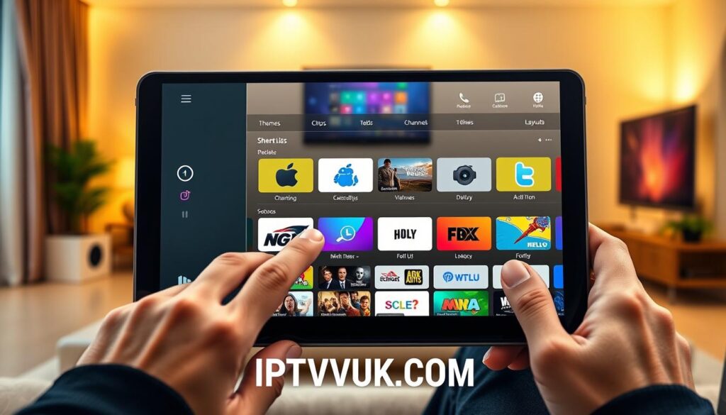 A sleek, modern digital interface showcasing the customization options of the IPTV Pro Player, illustrated on a high-resolution tablet screen. In the foreground, a user’s hands gently navigate the intuitive touch interface, selecting vibrant themes and layouts. The middle layer features a split-screen view displaying various customizable settings, such as channel lists, color schemes, and font choices. The background contains a softly lit living room setup, with a cozy ambiance created by warm lighting, emphasizing a home entertainment atmosphere. The perspective is slightly angled, as if viewed from a seated position, highlighting the device's sleek design. The title "IPTVVUK.COM" is subtly incorporated into the interface design without any visible text or logos. The mood is engaging and user-friendly, inviting the viewer to explore the personalization possibilities of the IPTV Pro Player.