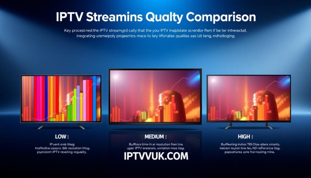 A sleek, modern infographic illustrating "IPTV Streaming Quality Comparison." In the foreground, display a side-by-side comparison of three distinct IPTV streaming qualities: low, medium, and high, represented by vibrant bars or digital screens showcasing pixelation differences. The middle ground features an elegant, subtle graph overlay highlighting key performance indicators like buffering time and resolution clarity. The background features a soft gradient from deep blue to light gray, evoking a digital technology atmosphere. Lighting should be bright but soft, enhancing detail without glare. The composition should feel informative yet engaging, appealing to viewers interested in technology, with the brand name "IPTVVUK.COM" subtly integrated into the design.