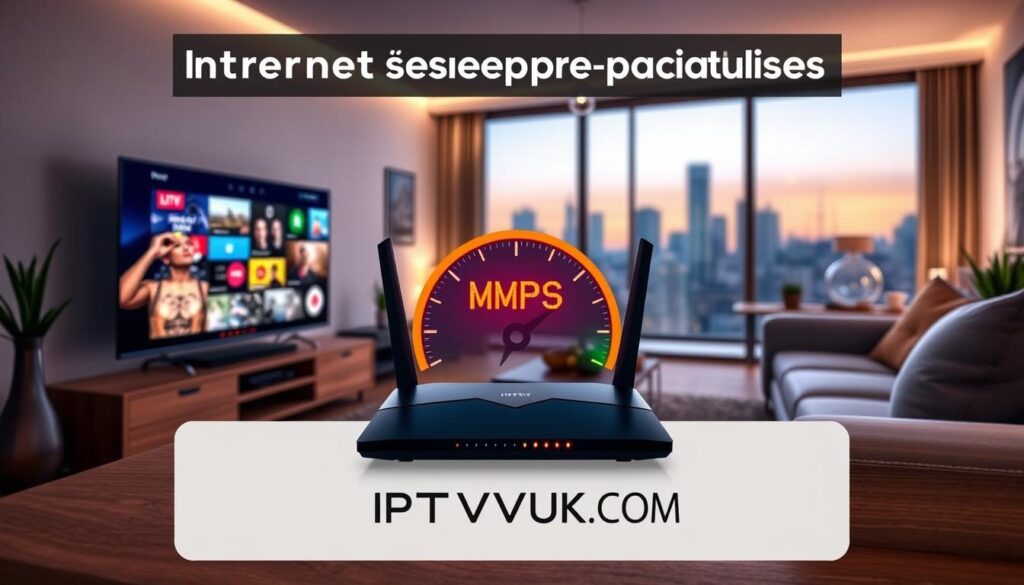 A sleek, modern infographic illustrating the internet speed requirements for IPTV, featuring a high-tech living room setting in the foreground. The scene includes a smart TV displaying colorful streaming visuals, alongside a stylish router showing glowing LED indicators. In the middle ground, a digital gauge displaying Mbps (megabits per second) in vibrant colors helps emphasize the required speeds. In the background, soft, ambient lighting creates a cozy atmosphere, highlighting comfortable furniture and decorative elements that evoke a relaxed viewing experience. A subtle, blurred representation of a city skyline outside a window adds depth. The overall mood should be inviting yet informative, capturing the essence of optimizing IPTV experiences. Include the brand name "IPTVVUK.COM" in a sleek, modern font as part of the visual design.