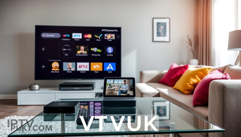 A sleek, modern living room featuring a high-definition TV displaying the IPTV Extreme Pro interface, showcasing its essential features like channel browsing, on-demand content, and parental controls. In the foreground, a stylish glass coffee table holds a remote control, an IPTV device, and a tablet streaming content. In the middle, a comfortable sofa with vibrant cushions invites viewers to sit. The background features a well-lit room with neutral walls adorned with minimalist decor, and a window allowing soft natural light to enter, creating a warm and inviting atmosphere. Use soft, diffused lighting to highlight the technology while maintaining a cozy feel. The brand name "IPTVVUK.COM" is subtly incorporated into the design elements without text overlays.