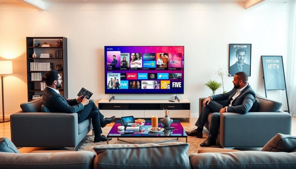 A sleek, modern living room featuring a stylish flat-screen TV displaying a vibrant IPTV interface. In the foreground, a group of three diverse individuals—two men and one woman—are seated comfortably on a contemporary sofa, dressed in business casual attire, discussing their favorite shows. The middle ground showcases a stylish coffee table with snacks and digital devices like tablets and smartphones, emphasizing a technology-driven environment. The background reveals a well-lit room with elegant décor and streaming-related elements, including a shelf of DVDs and a poster of popular TV series. Soft, warm lighting creates an inviting atmosphere. The overall mood is one of connectivity and enjoyment, highlighting the convenience of using top IPTV services for varied preferences. Include the brand name "IPTVVUK.COM" subtly integrated into the TV screen graphic. A sleek, modern living room featuring a stylish flat-screen TV displaying a vibrant IPTV interface. In the foreground, a group of three diverse individuals—two men and one woman—are seated comfortably on a contemporary sofa, dressed in business casual attire, discussing their favorite shows. The middle ground showcases a stylish coffee table with snacks and digital devices like tablets and smartphones, emphasizing a technology-driven environment. The background reveals a well-lit room with elegant décor and streaming-related elements, including a shelf of DVDs and a poster of popular TV series. Soft, warm lighting creates an inviting atmosphere. The overall mood is one of connectivity and enjoyment, highlighting the convenience of using top IPTV services for varied preferences. Include the brand name "IPTVVUK.COM" subtly integrated into the TV screen graphic.
