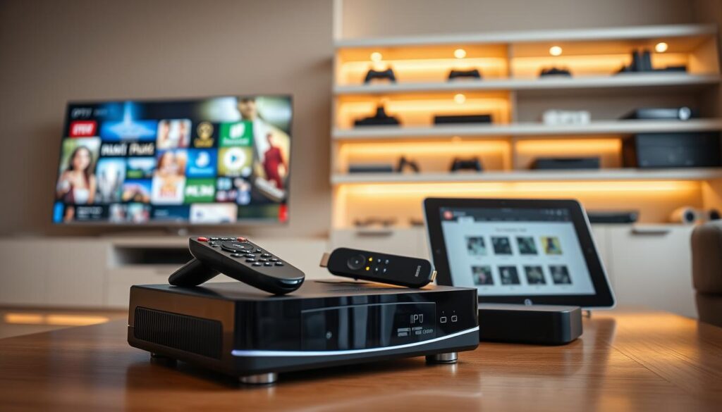 A sleek, modern living room featuring various IPTV devices prominently displayed on a stylish, contemporary entertainment unit. In the foreground, a high-definition IPTV set-top box with shining accents and a remote control. The middle layer showcases a smart TV with vibrant streaming content visible on the screen, alongside a stylish IPTV streaming stick and a tablet showing IPTVVUK.COM's homepage. The background features softly lit shelves with gaming consoles and multimedia gadgets. The lighting is warm and inviting, creating a cozy atmosphere that evokes a sense of relaxation and entertainment. The angle is slightly tilted to provide depth, emphasizing the devices while ensuring a clean and professional presentation.