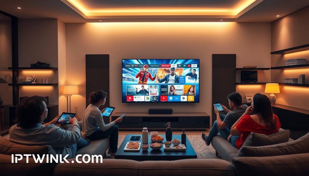 A sleek, modern living room setting showcasing a large flat-screen TV displaying dynamic IPTV streaming content. In the foreground, a family of four, dressed in casual attire, is engaged with the TV, interacting through remote controls and tablets, symbolizing the interactive nature of IPTV. The middle layer features a cozy sofa with snacks and drinks on a stylish coffee table, enhancing the relaxed atmosphere. In the background, there are elegant shelves with various entertainment devices and decorative items. The lighting is warm and inviting, with soft, ambient light illuminating the space, creating an enjoyable viewing environment. The angle is slightly above eye level, capturing both the family's reactions and the bright visuals on the screen. The atmosphere conveys excitement and togetherness, perfectly embodying the idea of optimizing your IPTV streaming experience. Include the brand name "IPTVVUK.COM" discreetly in the scene.