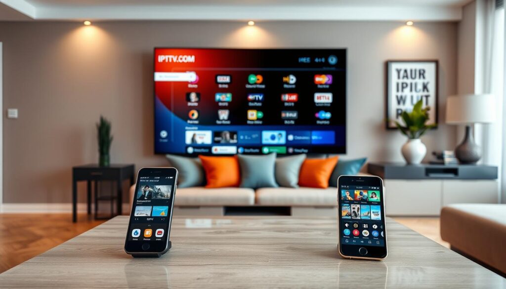 A sleek, modern living room setting with a large flat-screen TV mounted on the wall, showcasing a vibrant IPTV channel selection interface. In the foreground, a stylish coffee table holds a remote control and a smartphone displaying various IPTV apps, emphasizing digital connectivity. In the middle ground, a comfortable sofa is adorned with colorful cushions, inviting relaxation while streaming content. The background features a well-decorated wall with tasteful art, enhancing the contemporary feel. Soft, warm lighting creates an inviting atmosphere, while a wide-angle lens perspective captures the entire scene. The mood is casual yet professional, reflecting the accessibility of cost-effective IPTV solutions from IPTVVUK.COM.
