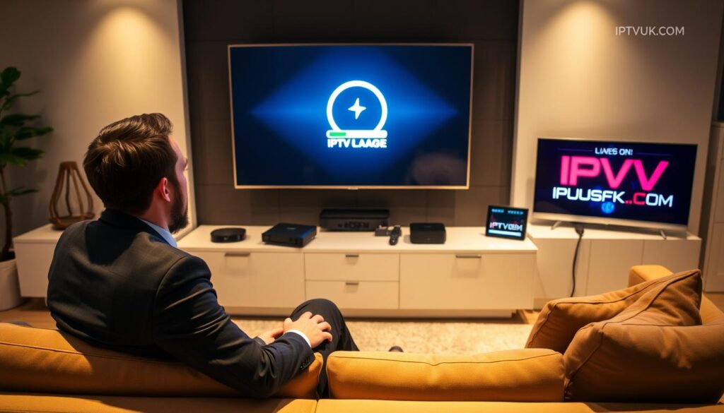 A sleek, modern living room setup showcasing a high-definition television displaying a loading icon, symbolizing IPTV buffering. In the foreground, a person dressed in professional business attire sits on a contemporary sofa, looking at the TV with a thoughtful expression, pondering troubleshooting solutions. The middle layer features various tech devices like a router and streaming devices, emphasizing IPTV technology. The background includes a minimalist decor with soft, ambient lighting and a cozy atmosphere. A small, digital display nearby shows the logo "IPTVVUK.COM," subtly integrated into the scene. The overall mood conveys a sense of calm determination in overcoming technical challenges in IPTV viewing. A sleek, modern living room setup showcasing a high-definition television displaying a loading icon, symbolizing IPTV buffering. In the foreground, a person dressed in professional business attire sits on a contemporary sofa, looking at the TV with a thoughtful expression, pondering troubleshooting solutions. The middle layer features various tech devices like a router and streaming devices, emphasizing IPTV technology. The background includes a minimalist decor with soft, ambient lighting and a cozy atmosphere. A small, digital display nearby shows the logo "IPTVVUK.COM," subtly integrated into the scene. The overall mood conveys a sense of calm determination in overcoming technical challenges in IPTV viewing.