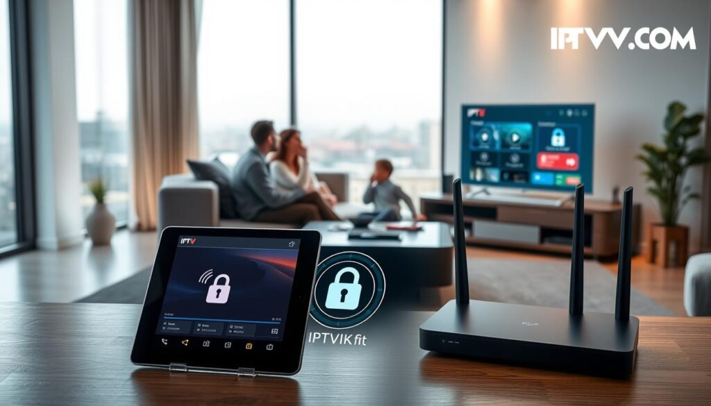 A sleek, modern living room showcasing IPTV security measures. In the foreground, a digital tablet displaying a streaming app with a lock icon, symbolizing security, while a family is enjoying content together, dressed in smart casual clothing. The middle ground features a stylish TV unit with a high-tech Wi-Fi router and security software interface visible on the screen. In the background, soft ambient lighting creates a warm and inviting atmosphere, with a cityscape visible through a large window. The scene conveys a sense of safety and trust, emphasizing the importance of IPTV security. Incorporate branding elements for "IPTVVUK.COM" subtly into the design elements, without overwhelming the overall composition.