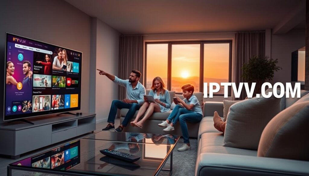 A sleek, modern living room showcasing advanced IPTV features. In the foreground, a high-resolution smart television displays a vibrant user interface with various streaming options and an intuitive navigation system. Beside the TV, a stylish remote control lies on a glass coffee table. In the middle ground, a family of four is seated comfortably on a contemporary couch, engaged with the IPTV experience – a father pointing at the screen, a mother showing a selection on her tablet, and two children excitedly discussing their favorite shows. In the background, large windows reveal a sunset casting warm lighting throughout the room, creating an inviting atmosphere. The overall mood conveys family bonding and the joys of modern technology. The brand name “IPTVVUK.COM” is subtly integrated into the TV interface, enhancing the advanced IPTV theme without overpowering the image.