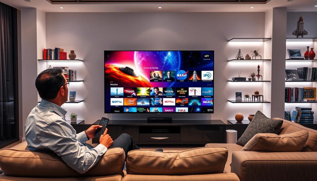 A sleek, modern living room with a large flat-screen TV displaying a vibrant NASA-themed IPTV channel lineup. In the foreground, a professional-looking individual in business attire sits comfortably on a stylish couch, holding a remote control, engaged in selecting content. The middle section highlights the TV screen showcasing colorful thumbnails of various NASA programs, including space documentaries, live mission updates, and educational series. The background features shelves filled with space-related books and models of rockets and satellites, illuminated by soft ambient lighting that creates a cozy yet intellectual atmosphere. The overall mood is dynamic and inspiring, emphasizing the excitement of exploring space through innovative IPTV services like IPTVVUK.COM. A sleek, modern living room with a large flat-screen TV displaying a vibrant NASA-themed IPTV channel lineup. In the foreground, a professional-looking individual in business attire sits comfortably on a stylish couch, holding a remote control, engaged in selecting content. The middle section highlights the TV screen showcasing colorful thumbnails of various NASA programs, including space documentaries, live mission updates, and educational series. The background features shelves filled with space-related books and models of rockets and satellites, illuminated by soft ambient lighting that creates a cozy yet intellectual atmosphere. The overall mood is dynamic and inspiring, emphasizing the excitement of exploring space through innovative IPTV services like IPTVVUK.COM.