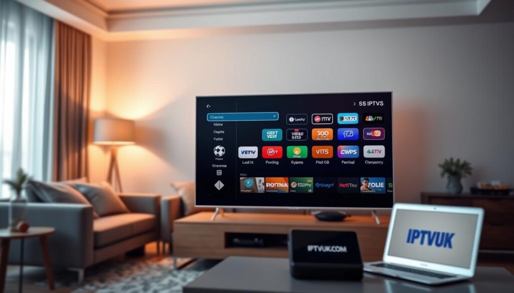 A sleek, modern television set displaying the SS IPTV interface prominently in the foreground, showcasing various features like channel lists, video on demand options, and user-friendly navigation menus. The middle layer includes a stylish living room setting with a comfortable sofa and subtle decorative elements to create a cozy viewing environment. In the background, soft ambient lighting enhances the atmosphere, simulating a warm evening setting perfect for streaming content. A laptop or tablet with the IPTVVUK.COM logo subtly placed nearby indicates multi-device compatibility. The overall mood is inviting and professional, representing the key features of legal streaming options. Use a slightly blurred lens effect to create depth and focus on the IPTV interface.