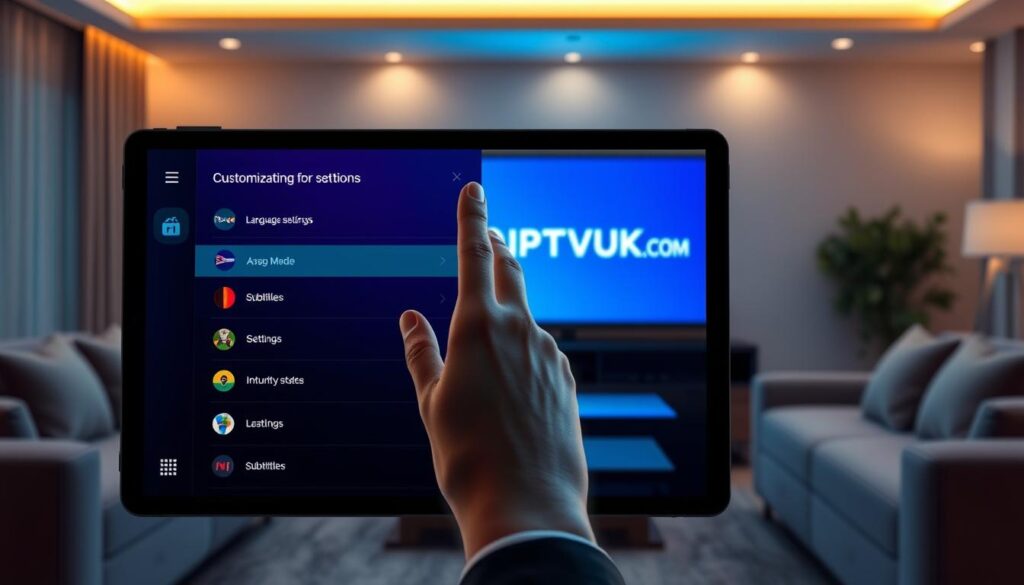 A sleek, modern user interface showcasing IPTV customization options. In the foreground, feature a tablet displaying a vibrant dark mode theme with bright icons for language settings and subtitles, next to an intuitive settings menu. In the middle, incorporate an elegant hand navigating through the screen, adorned in professional business attire. The background should consist of a stylish living room setting, illuminated by soft, ambient lighting to create a cozy yet tech-savvy atmosphere. Incorporate elements like a plush sofa and a TV in the backdrop, subtly featuring the brand name "IPTVVUK.COM" on the screen. The overall mood is contemporary and user-friendly, aimed at enhancing the viewer's experience.