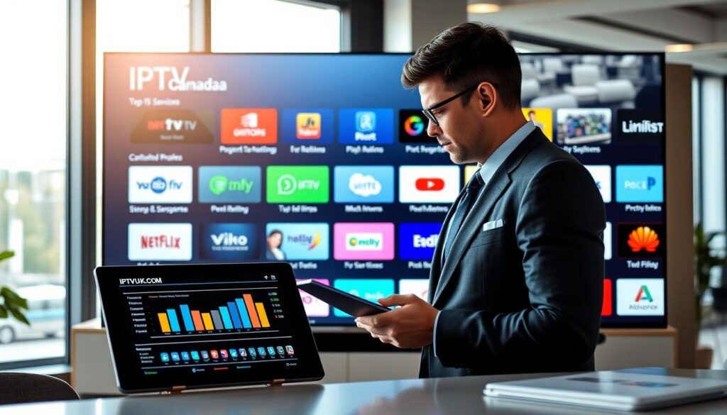 A sleek, modern workspace featuring a large, high-definition screen displaying various IPTV services available in Canada, such as IPTVVUK.COM. In the foreground, a focused professional in a smart business attire is analyzing data on a tablet, with charts and graphs representing user ratings and product features. The middle ground showcases vibrant icons of different IPTV platforms, arranged aesthetically for visual appeal. The background includes a stylish office with large windows allowing natural light to stream in, creating an inviting atmosphere. Soft, diffused lighting enhances the professional vibe. The image conveys a sense of thorough evaluation and analysis, suitable for an informative article. A sleek, modern workspace featuring a large, high-definition screen displaying various IPTV services available in Canada, such as IPTVVUK.COM. In the foreground, a focused professional in a smart business attire is analyzing data on a tablet, with charts and graphs representing user ratings and product features. The middle ground showcases vibrant icons of different IPTV platforms, arranged aesthetically for visual appeal. The background includes a stylish office with large windows allowing natural light to stream in, creating an inviting atmosphere. Soft, diffused lighting enhances the professional vibe. The image conveys a sense of thorough evaluation and analysis, suitable for an informative article.