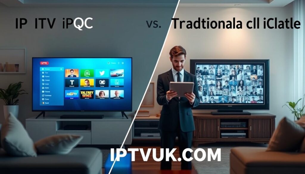A split-image composition illustrating the contrast between IPTV QC and Traditional Cable. In the foreground, a modern living room setting with a smart TV displaying vibrant IPTV content on one side, featuring a sleek user interface showcasing streaming options. On the other side, an older television set showing static or grainy images typical of traditional cable. The middle ground features a professional person in business attire, analyzing streaming data on a tablet, emphasizing quality assessment. In the background, soft, ambient lighting creates a cozy atmosphere, highlighting the difference in user experience. The room is stylishly furnished to reflect a contemporary lifestyle. The brand name "IPTVVUK.COM" is subtly incorporated into the scene. Focus on clarity and rich colors to evoke a modern tech feel.