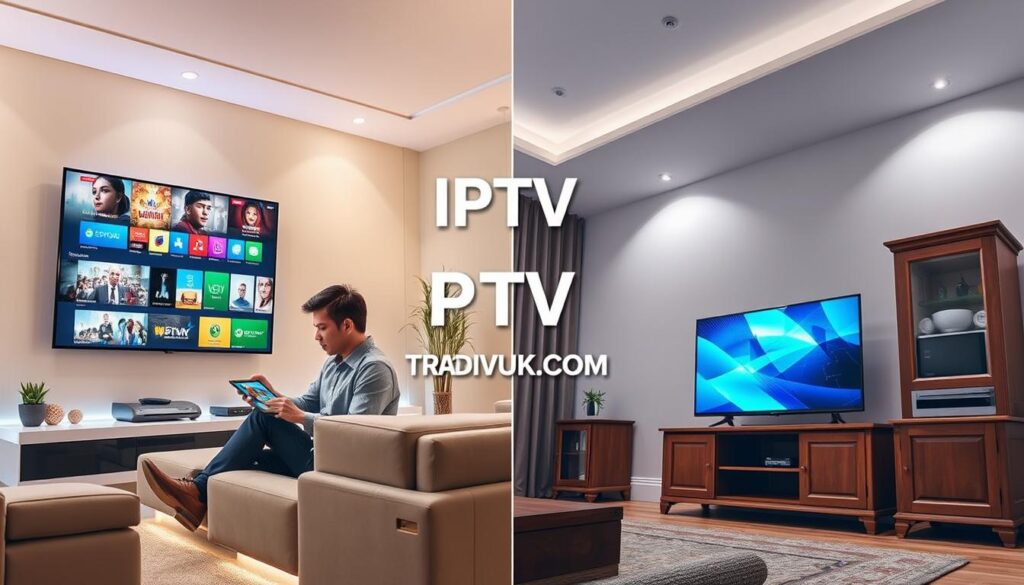 A split scene illustrating "IPTV vs. Traditional TV": on the left, a sleek modern living room featuring a high-tech IPTV setup with a large flat-screen TV displaying colorful streaming interfaces, soft ambient lighting creating a cozy atmosphere. A professional-looking person in business casual attire sits comfortably, browsing through an array of channels on a tablet. On the right, a traditional living room with a classic wooden TV cabinet, showing a standard cable interface, with an older television set and a remote control, under bright overhead lighting. A sense of nostalgia is conveyed here, contrasting with the contemporary design on the left. In the background, a digital overlay of "IPTVVUK.COM" enhances the modernity of the IPTV scene. The perspective is slightly tilted to emphasize the contrast between the two setups.
