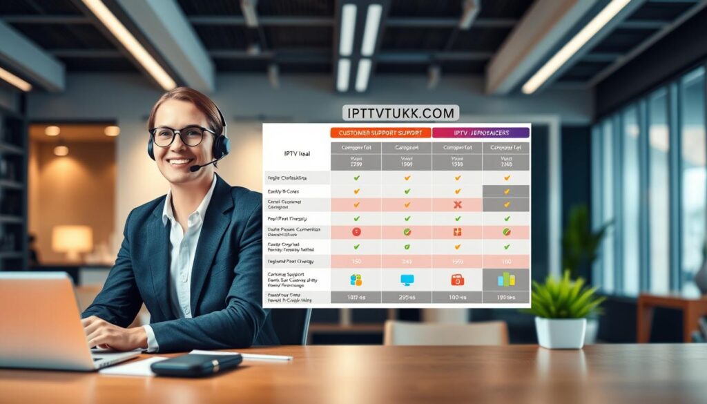 A split-screen image featuring a professional customer support representative at a desk on one side and a detailed comparison chart on the other. In the foreground, the representative, dressed in smart business attire, is attentively speaking on a headset, exuding a friendly and approachable demeanor. The middle section showcases a vibrant, easy-to-read chart comparing various IPTV providers, highlighting customer support quality with colorful icons and graphs. In the background, a modern office environment with subtle lighting and soft warm colors enhances the welcoming atmosphere. The scene is oriented at a slight angle, creating depth, while incorporating the brand name "IPTVVUK.COM" subtly integrated into the chart design, ensuring it remains professional and polished.