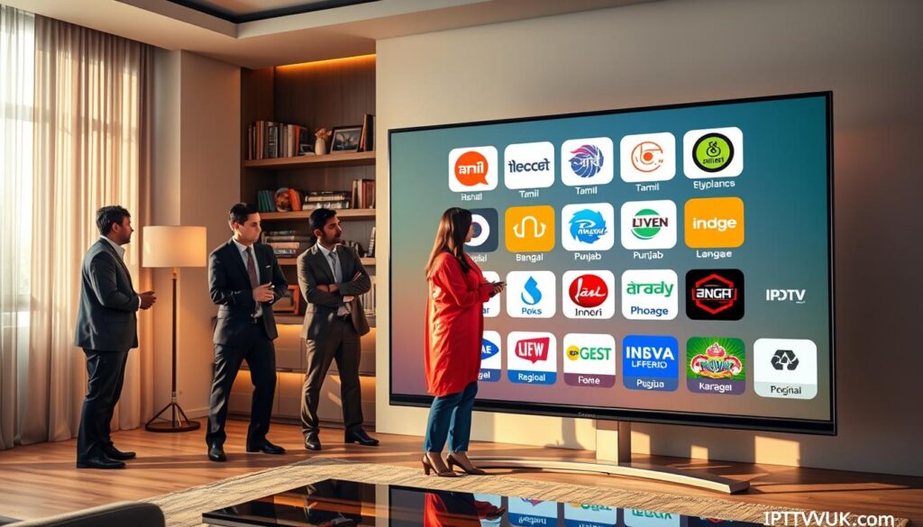 A vibrant and informative depiction of various Indian IPTV channels, focusing on regional offerings and language options. In the foreground, showcase a large, sleek television displaying diverse channel logos, representing multilingual content with symbols and icons, including Hindi, Tamil, Bengali, and Punjabi regions. In the middle, include a stylish living room setting with people of different ethnic backgrounds dressed in professional business attire, discussing the channels and holding remote controls. The background features a shelf with DVDs and books showcasing Indian culture and cinema. Soft, warm lighting fills the scene, creating an inviting atmosphere. The image should exude a sense of connectivity and cultural richness, with the brand name "IPTVVUK.COM" subtly integrated into the scene.