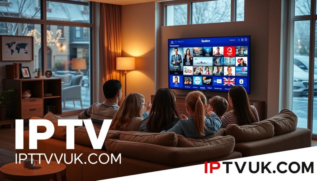 A vibrant and inviting scene showcasing the essence of French-language content available on IPTV Quebec. In the foreground, depict a cozy, modern living room setup with a chic television displaying a colorful array of French programs, such as movies, news, and series. Include subtle hints of Quebec culture, like a small flag or artwork in the background. The middle ground should feature a comfortable sofa with plush cushions, where a diverse family sits together, absorbed in the screen, showcasing joy and connection. Soft, warm lighting from a nearby lamp creates an inviting atmosphere, and large windows reveal a glimpse of a snowy Quebec street outside, hinting at a wintry day. The scene should reflect warmth, entertainment, and community, emphasizing the tagline "IPTVVUK.COM."