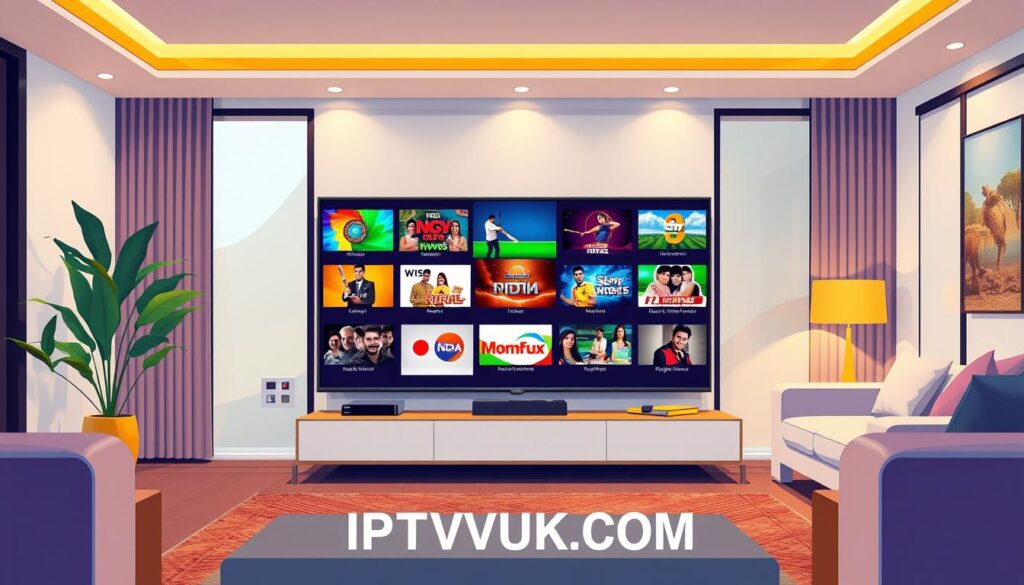 A vibrant illustration showcasing a variety of Indian IPTV channels, with a sleek modern living room as the foreground setting, featuring a large flat-screen TV displaying various colorful channel logos. In the middle, arrange contrasting visuals representing entertainment options—Bollywood films, cricket matches, news broadcasts, and regional shows, depicted in high-resolution thumbnails. The background should feature a cozy atmosphere with warm lighting and stylish furniture, hinting at a relaxed viewing experience. Use a slightly tilted angle to add dynamism, while ensuring the overall mood feels inviting and engaging. Highlight the brand "IPTVVUK.COM" subtly integrated into the decor, connecting viewers to premium IPTV offerings in India.