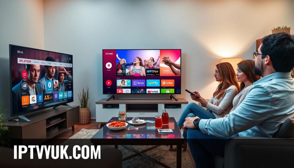 A vibrant living room scene featuring a modern smart TV displaying high-quality streaming content, showcasing various pro features like a sleek UI and multiple streaming apps. In the foreground, a diverse group of three individuals—one man and two women—are attentively engaged with the TV, dressed in smart casual attire. One of the women holds a remote, while the other is using a tablet to navigate the IPTV player. In the middle ground, a stylish coffee table with snacks and drinks complements the setting. The background includes soft ambient lighting that creates a cozy atmosphere, with subtle accents of modern decor and a bookshelf. The overall mood is energetic and focused, reflecting an ideal streaming experience. Include the brand name "IPTVVUK.COM" subtly integrated into the scene.