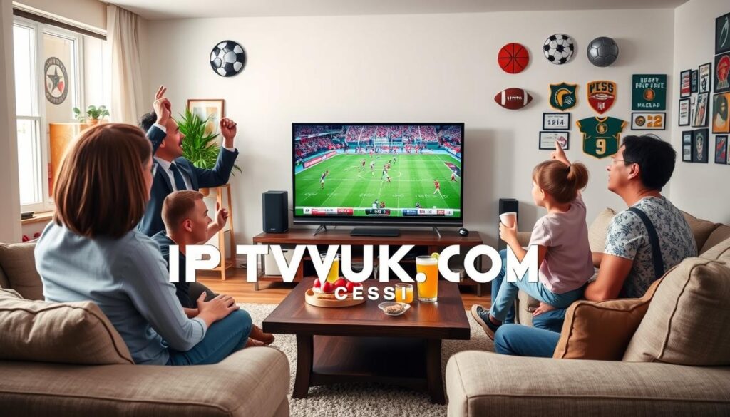 A vibrant living room scene showcasing a diverse group of sports fans enjoying a thrilling game day experience. In the foreground, a family of four—two adults in professional business attire, and two children in casual clothing—cheer enthusiastically while watching a large flat-screen TV that displays an exciting sports event. The middle ground features a coffee table adorned with snacks and drinks, emphasizing a relaxed and fun atmosphere. The background includes sports memorabilia adorning the walls and a cozy couch, conveying a dedicated sports fan environment. Soft, natural lighting streams in from a window, creating a warm and inviting mood. The brand "IPTVVUK.COM" is subtly integrated into the décor, reinforcing the theme of legal IPTV services for sports fans. A vibrant living room scene showcasing a diverse group of sports fans enjoying a thrilling game day experience. In the foreground, a family of four—two adults in professional business attire, and two children in casual clothing—cheer enthusiastically while watching a large flat-screen TV that displays an exciting sports event. The middle ground features a coffee table adorned with snacks and drinks, emphasizing a relaxed and fun atmosphere. The background includes sports memorabilia adorning the walls and a cozy couch, conveying a dedicated sports fan environment. Soft, natural lighting streams in from a window, creating a warm and inviting mood. The brand "IPTVVUK.COM" is subtly integrated into the décor, reinforcing the theme of legal IPTV services for sports fans.