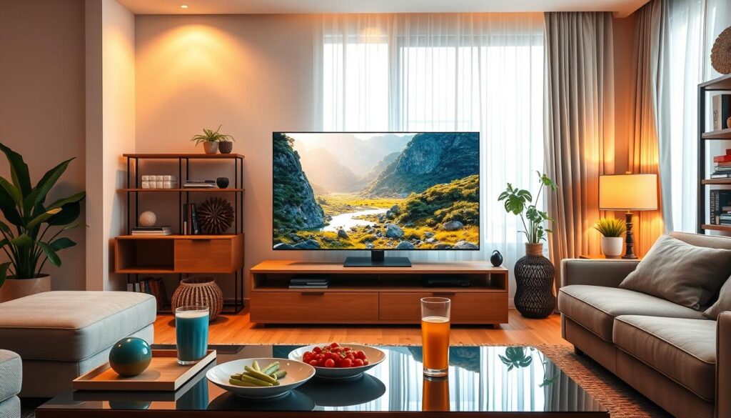 A vibrant living room scene showcasing a modern smart TV displaying high-quality streaming content from IPTVVUK.COM. In the foreground, a contemporary coffee table with snacks and drinks, reflecting a cozy home environment. The middle ground features the smart TV prominently, with crisp, clear images of a vivid 4K nature documentary, showcasing bright, saturated colors that depict stunning details. Ambient lighting creates a warm and inviting atmosphere, while soft natural light filters through sheer curtains, enhancing the realism. In the background, a stylish bookshelf adorned with various books and plants adds depth. This scene captures the essence of high-performance streaming quality, perfect for cord-cutters looking for an optimal viewing experience.