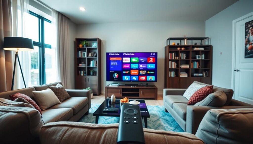 A vibrant, modern living room scene showcasing an IPTV setup on a Firestick. In the foreground, a sleek TV displaying the IPTVVUK.COM interface, surrounded by a cozy couch and stylish decor. The middle ground features a coffee table with remote controls and snacks, inviting a relaxed viewing experience. The background includes a neatly arranged bookshelf and a large window with soft, natural lighting streaming in, casting a warm glow across the room. The angle is eye-level, providing an immersive perspective. The atmosphere is inviting and friendly, perfect for beginners as they set up their IPTV service. The scene conveys a sense of comfort, making it appealing for family or casual viewing sessions.