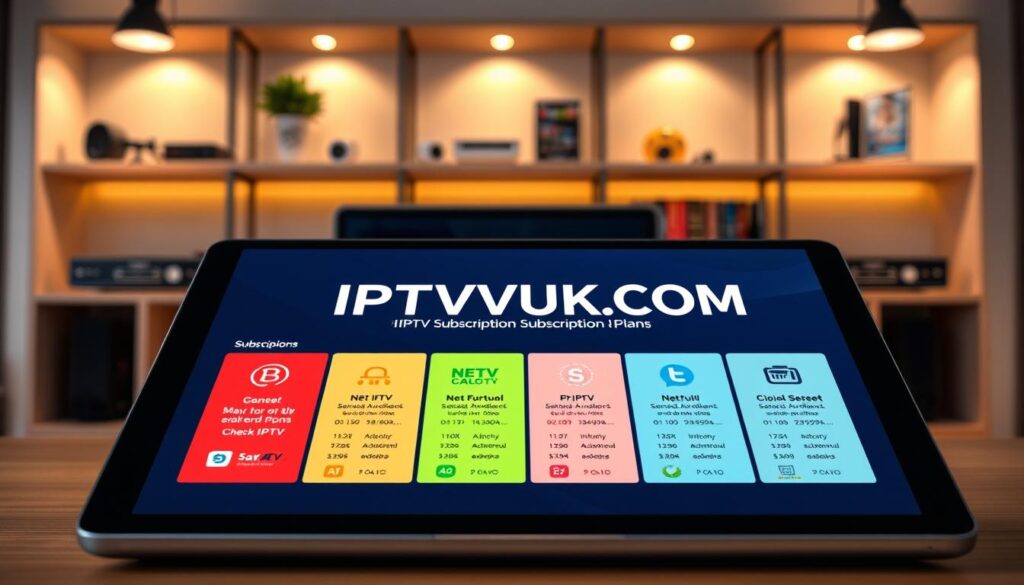 A visually appealing and informative depiction of various NET IPTV subscription plans displayed on a sleek digital interface. In the foreground, a modern tablet or laptop screen shows a colorful grid of subscription options, each represented with distinct icons and pricing tiers. In the middle, a stylish workspace setting with minimalistic decor and soft, ambient lighting creates a professional atmosphere. The background features blurred shelves with digital gadgets and books on technology, reinforcing the theme of connectivity and innovation. The image should have a warm tone to evoke a sense of trust and reliability. Include the brand name "IPTVVUK.COM" subtly on the digital screen, ensuring it is stylishly integrated into the visual without overwhelming the main content.
