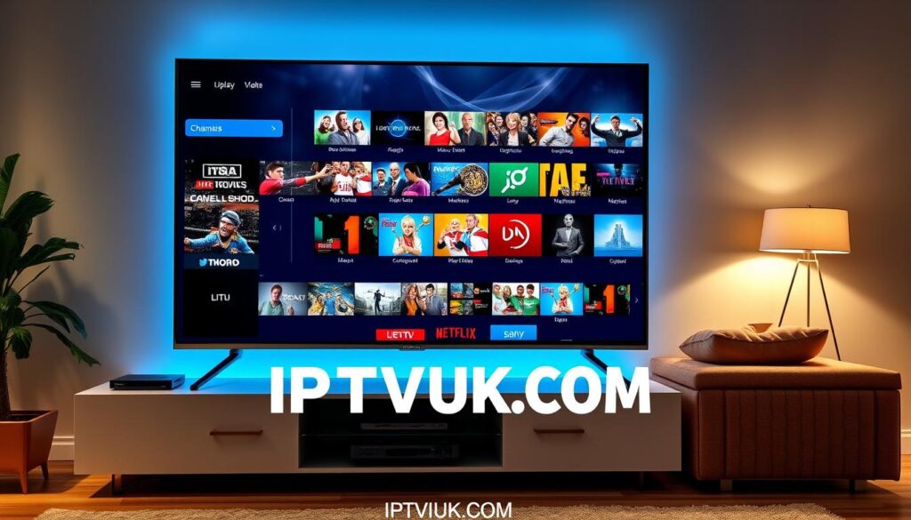 A visually captivating representation of IPTV channels variety, showcasing a sleek, modern digital interface displaying vibrant thumbnails of diverse TV shows, movies, and live sports events. In the foreground, a large, stylish flat-screen television sits on a contemporary media unit, reflecting dynamic visuals of popular IPTV content. The middle layer features a cozy living room setting with plush furniture and warm lighting, creating an inviting atmosphere. In the background, soft shadows hint at a well-organized entertainment center filled with streaming devices. The scene conveys an engaging and technologically advanced mood, emphasizing the versatility and excitement of IPTV options. The brand name "IPTVVUK.COM" is subtly integrated into the design, enhancing the theme without detracting from the main focus. The image should be brightly lit, with a slightly elevated angle showcasing both the television and its surroundings in a polished, professional aesthetic.