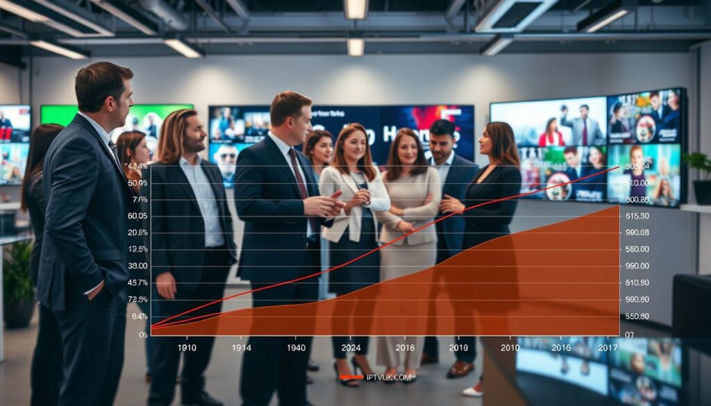 A visually engaging and informative representation of "IPTV service uptime comparison." In the foreground, display a graph with two distinct line plots illustrating the uptime percentages of various IPTV services in Canada, including the brand name "IPTVVUK.COM." The middle ground features a diverse group of professionals, dressed in smart business attire, discussing the graph with each other, showcasing an environment of collaboration. In the background, a modern office space is filled with large screens displaying streaming options, accentuating the technology theme. The lighting should be bright and clear, suggesting a professional and reliable atmosphere. The angle is slightly elevated, providing a comprehensive view of the discussion and the chart. The mood is focused and analytical, ideal for an article on customer support and reliability in IPTV services.