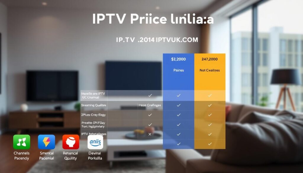 A visually engaging comparison chart depicting various IPTV pricing plans in Canada, showcasing three distinct packages offered by IPTVVUK.COM. In the foreground, include colorful and sleek icons representing different features of each plan, such as channels, streaming quality, and device compatibility. The middle ground should feature a clear, well-organized table layout that contrasts the pricing tiers, using distinct colors for each plan to enhance clarity. The background should be subtly blurred, resembling a modern living room environment with a smart TV and cozy furniture to evoke a home entertainment atmosphere. Soft, natural lighting highlights the chart, enhancing its professional appearance while maintaining a calm and informative mood. No text or branding overlays are present in the image.