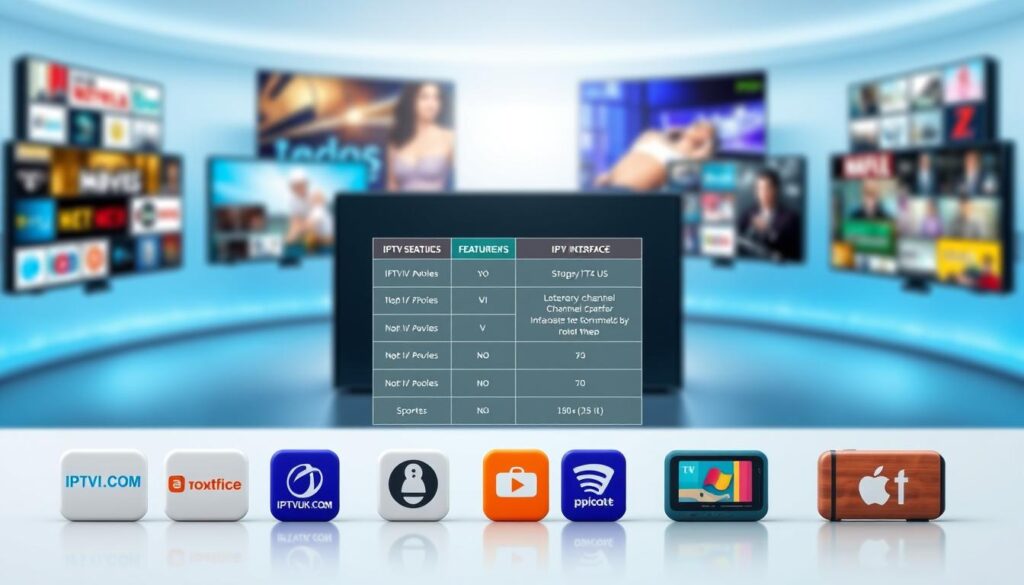 A visually engaging comparison infographic illustrating various IPTV services, focusing on key features like channel selection, pricing, and user interface. In the foreground, include well-organized icons for different IPTV branding, such as "IPTVVUK.COM," displayed in a sleek, modern design. In the middle, present a simplified chart or table comparing features and prices, using vibrant colors for clarity and emphasis. The background should feature a calming, technology-inspired gradient, with subtle imagery of digital screens displaying diverse content like movies, sports, and news. The whole scene should be brightly lit, conveying a sense of innovation and choice, while maintaining a clean and professional appearance suitable for an informative article.