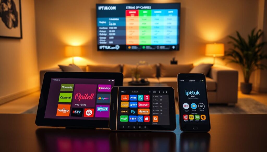 A visually engaging comparison of IPTV services prominently featuring "IPTVVUK.COM." In the foreground, display three distinct streaming devices (like a smart TV, tablet, and smartphone) with vibrant interfaces showcasing various IPTV logos. The middle ground should depict a sleek, modern living room setting, with a comfortable couch and ambient lighting creating a cozy atmosphere. In the background, there’s a wall-mounted TV displaying a colorful chart comparing features such as channels, pricing, and customer ratings. Use warm, inviting lighting with a focus on the devices to emphasize their functionalities. The overall mood conveys a sense of choice and convenience for potential users, appealing to cord-cutters. Use a slight angle, capturing the arrangement dynamically.