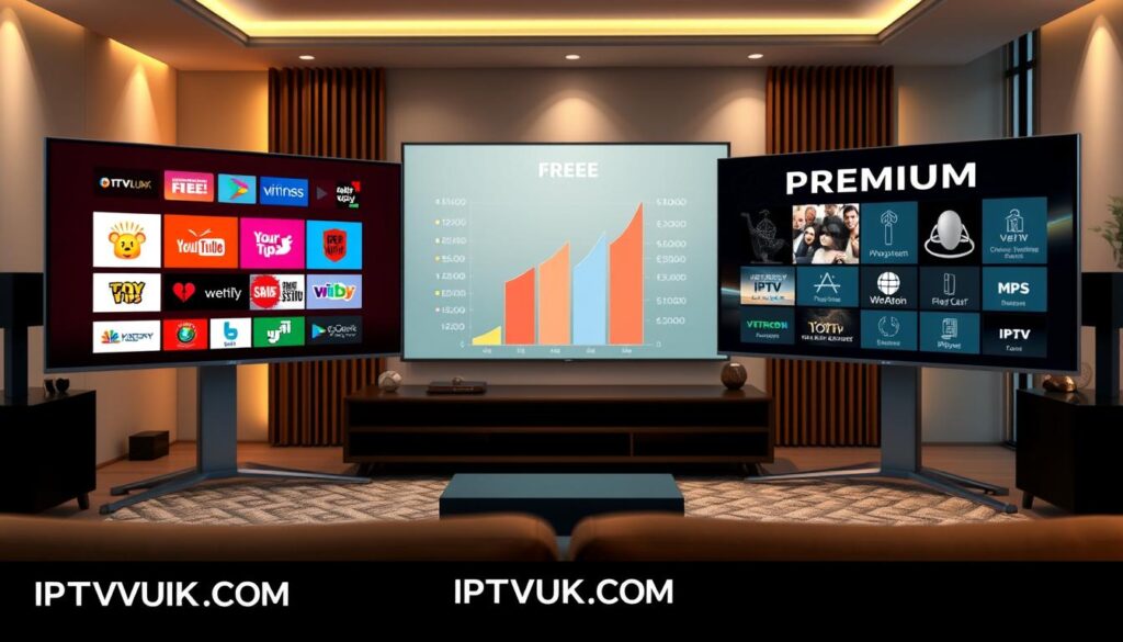 A visually engaging comparison of IPTV streaming services, showcasing free versus premium options. In the foreground, depict two contrasting screens: one displaying vibrant, colorful icons of free IPTV services with playful motifs, while the other features sleek, sophisticated icons of premium services with a luxurious appearance. In the middle ground, include a professional-looking chart or graph subtly illustrating key differences, such as pricing and content availability. The background should have a modern, tech-inspired living room setting, softly lit with warm ambient lighting to create an inviting atmosphere. Use a high-angle perspective to provide a clear overview, highlighting the contrast between the two service types. The brand "IPTVVUK.COM" should be integrated artistically in the scene, ensuring a professional and informative mood.
