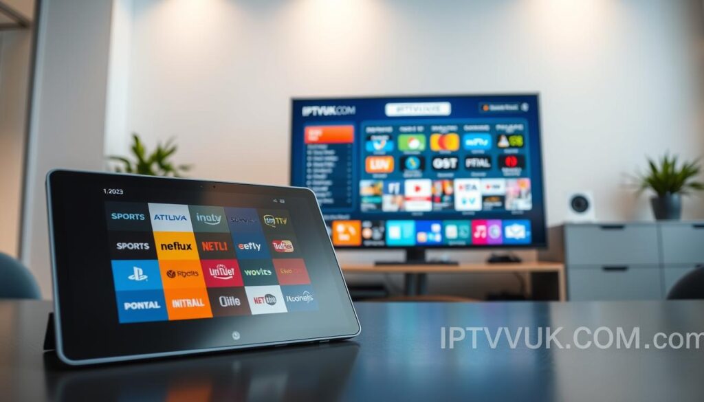 A visually engaging comparison of various IPTV channels in 2023, designed for an informative article section. Foreground: an elegant, modern tablet displaying segmented graphics of different IPTV service logos. Middle: a sleek desktop setup featuring a large monitor with a visually appealing infographic showcasing channel types—sports, movies, international, and more—each represented with vibrant icons. Background: a bright, minimalist office environment with soft, diffused lighting, creating a professional atmosphere. Include a subtle presence of the brand "IPTVVUK.COM" in the composition, enhancing the overall theme without overpowering the main subject. Use a slightly elevated angle for depth and perspective, ensuring clarity and focus on the IPTV details. The mood is informative and inviting, appealing to tech-savvy audiences.