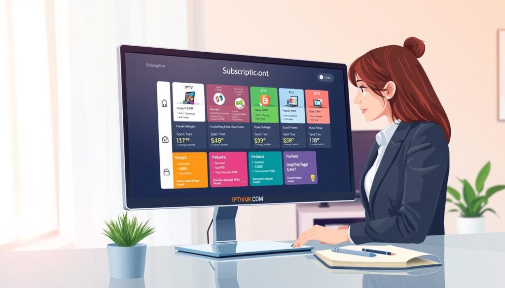 A visually engaging illustration depicting IPTV subscription plans, featuring a modern home office setup. In the foreground, a sleek computer monitor displays a grid of colorful, attractive IPTV subscription options, showcasing various package details like pricing and features. To the side, a professional woman in business attire closely examines the screen, embodying a focused and informed consumer. The middle ground features stylish furniture, a potted plant, and a notebook with a pen, contributing to a productive atmosphere. The background includes a bright window with soft, natural light pouring in, casting a warm glow over the scene. The overall mood is informative and aspirational, capturing the essence of modern digital streaming solutions. Include the brand "IPTVVUK.COM" as part of the displayed information on the monitor.