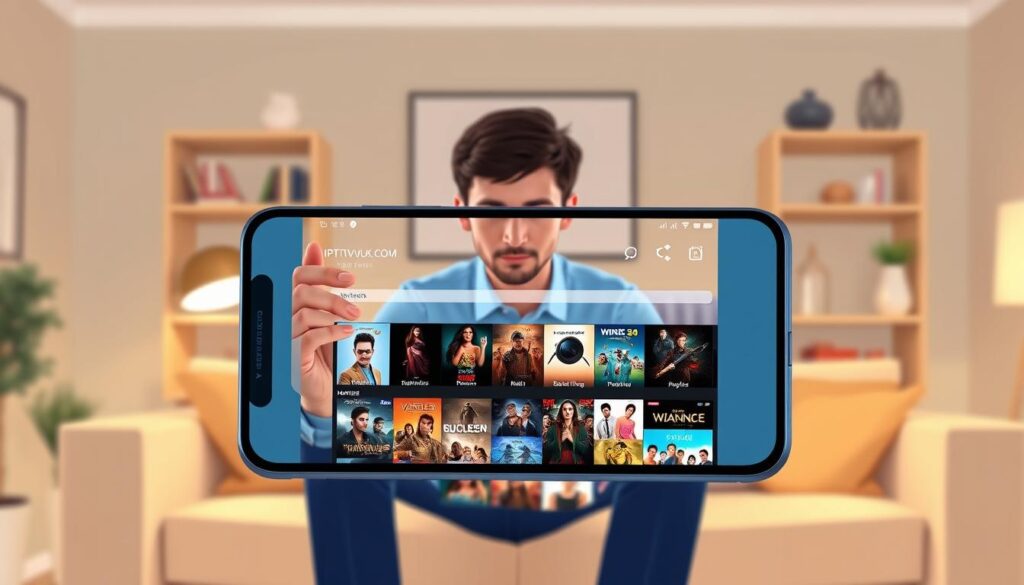 A visually engaging illustration depicting the benefits of IPTV apps for Android users. In the foreground, a smartphone showcasing the IPTVVUK.COM app interface, displaying a vibrant TV show selection with thumbnails of movies and series. The middle layer features a user, a young professional dressed in smart casual attire, intently watching the screen in a cozy home environment, with a comfortable couch and soft lighting creating a warm atmosphere. In the background, subtle hints of a living room—shelves with books and decorative elements—convey a modern lifestyle. The lighting is soft and inviting, with a focus on the phone screen to emphasize the app's user-friendliness and entertainment value. The overall mood is relaxed and informative, embodying the convenience and enjoyment of legal streaming solutions. A visually engaging illustration depicting the benefits of IPTV apps for Android users. In the foreground, a smartphone showcasing the IPTVVUK.COM app interface, displaying a vibrant TV show selection with thumbnails of movies and series. The middle layer features a user, a young professional dressed in smart casual attire, intently watching the screen in a cozy home environment, with a comfortable couch and soft lighting creating a warm atmosphere. In the background, subtle hints of a living room—shelves with books and decorative elements—convey a modern lifestyle. The lighting is soft and inviting, with a focus on the phone screen to emphasize the app's user-friendliness and entertainment value. The overall mood is relaxed and informative, embodying the convenience and enjoyment of legal streaming solutions.