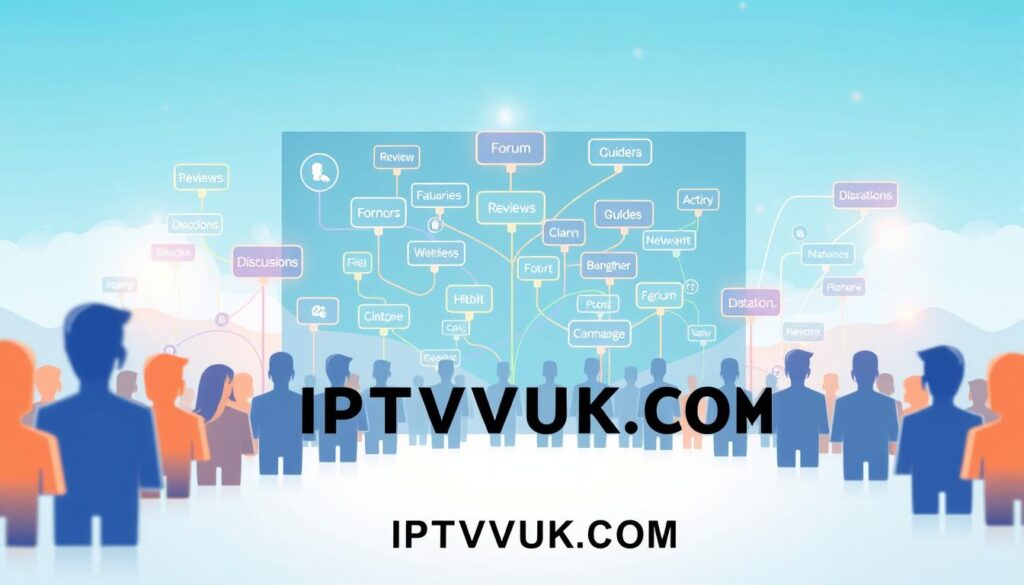 A visually engaging illustration of an "IPTV forum structure," showcasing a digital landscape of interconnected discussions. In the foreground, depict stylized user profiles represented by icons, symbolizing active forum engagement. In the middle, feature a network of conversation threads, styled as colorful, flowing lines connecting various forum categories like "Reviews," "Discussions," and "Guides." The background should be a soft gradient of blue and white, evoking a serene but dynamic online environment. Use bright, inviting lighting to highlight the interconnected paths, creating a sense of movement and activity. The overall atmosphere should convey collaboration and modern technology, embodying the concept of sharing knowledge within the IPTV community. Include the brand name "IPTVVUK.COM" subtly integrated into the design without any text overlays or watermarks.