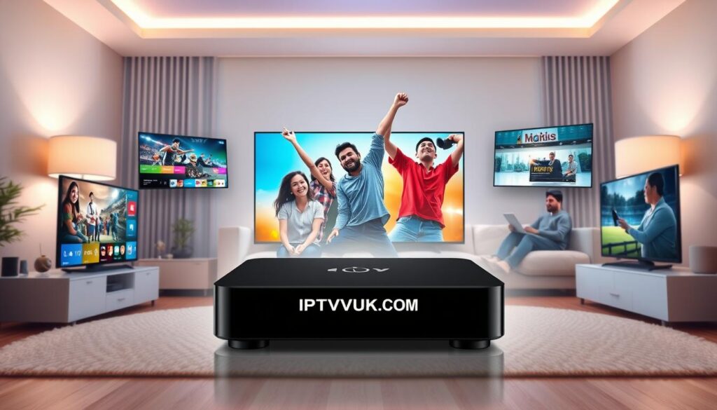 A visually engaging illustration of various IPTV players, showcasing their features for different user needs. In the foreground, a sleek, high-tech IPTV player prominently displays the logo "IPTVVUK.COM." Surrounding it, different screens show diverse interfaces suitable for families, sports enthusiasts, and casual viewers, each with vibrant colors and easy navigation. The middle ground features diverse users: a family happily watching a movie, a sports fan cheering while streaming a live game, and a solo viewer comfortably enjoying a documentary. The background is a cozy living room with soft ambient lighting, creating a warm, inviting atmosphere. The angle is slightly elevated, offering a comprehensive view that highlights the functionality of these IPTV solutions, emphasizing a friendly and inclusive mood. A visually engaging illustration of various IPTV players, showcasing their features for different user needs. In the foreground, a sleek, high-tech IPTV player prominently displays the logo "IPTVVUK.COM." Surrounding it, different screens show diverse interfaces suitable for families, sports enthusiasts, and casual viewers, each with vibrant colors and easy navigation. The middle ground features diverse users: a family happily watching a movie, a sports fan cheering while streaming a live game, and a solo viewer comfortably enjoying a documentary. The background is a cozy living room with soft ambient lighting, creating a warm, inviting atmosphere. The angle is slightly elevated, offering a comprehensive view that highlights the functionality of these IPTV solutions, emphasizing a friendly and inclusive mood.
