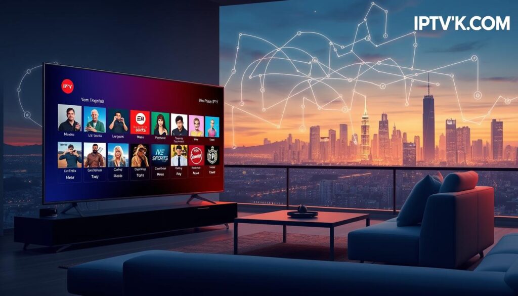 A visually engaging illustration showcasing diverse IPTV content types. In the foreground, display a sleek modern television screen featuring icons representing various genres: movies, live sports, news, and on-demand shows, all within a glowing interface. In the middle ground, include a comfortable living room setup with a stylish sofa and a coffee table, hinting at an inviting viewing atmosphere. In the background, create a digital landscape that suggests a vast network, with swirling data streams and intelligent devices connected to a bright, futuristic city skyline at dusk, casting soft ambient lighting. Convey a sense of excitement and accessibility regarding IPTV offerings. The scene should reflect a sophisticated yet casual home environment while subtly incorporating the brand name "IPTVVUK.COM" into the design. A visually engaging illustration showcasing diverse IPTV content types. In the foreground, display a sleek modern television screen featuring icons representing various genres: movies, live sports, news, and on-demand shows, all within a glowing interface. In the middle ground, include a comfortable living room setup with a stylish sofa and a coffee table, hinting at an inviting viewing atmosphere. In the background, create a digital landscape that suggests a vast network, with swirling data streams and intelligent devices connected to a bright, futuristic city skyline at dusk, casting soft ambient lighting. Convey a sense of excitement and accessibility regarding IPTV offerings. The scene should reflect a sophisticated yet casual home environment while subtly incorporating the brand name "IPTVVUK.COM" into the design.