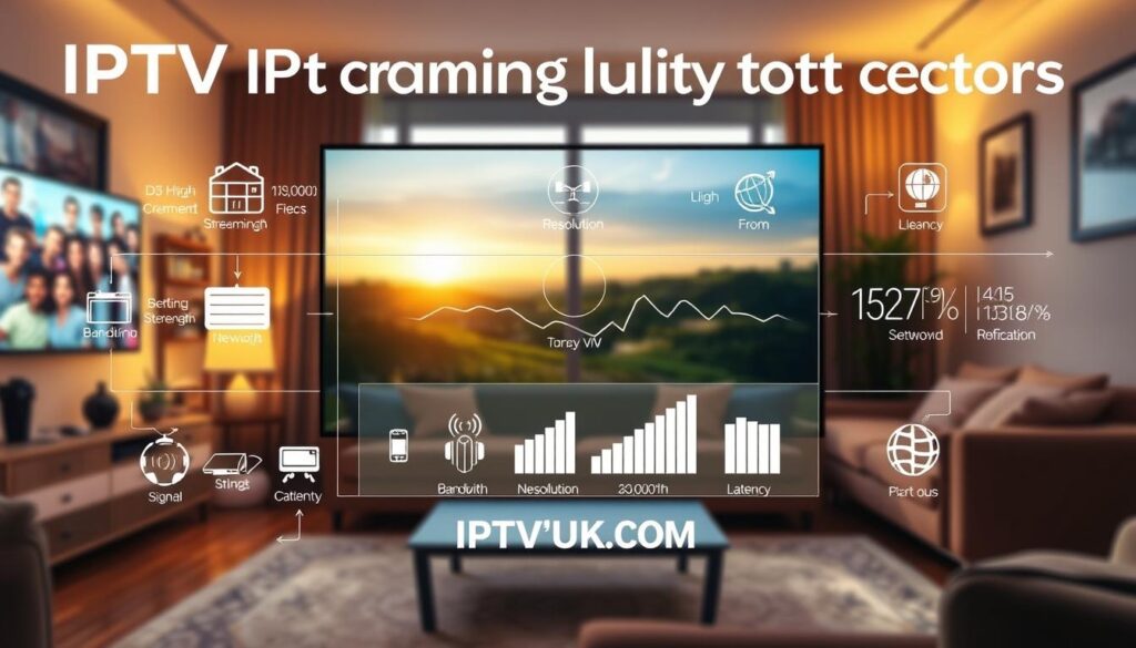 A visually engaging infographic illustrating "IPTV streaming quality factors" for a professional article. In the foreground, feature elements like a high-definition TV displaying vibrant streaming options and icons representing bandwidth, resolution, and latency. The middle layer should include graphical representations of fluctuating signal strength and network performance metrics, such as charts or graphs. The background should depict a cozy living room setting with soft, warm lighting, creating a relaxing viewing atmosphere. Use a wide-angle lens effect for depth, emphasizing clarity and detail. Incorporate the brand name "IPTVVUK.COM" subtly within the composition. Aim for a modern, professional mood that captures the essence of IPTV quality and performance without any text overlays or distractions.