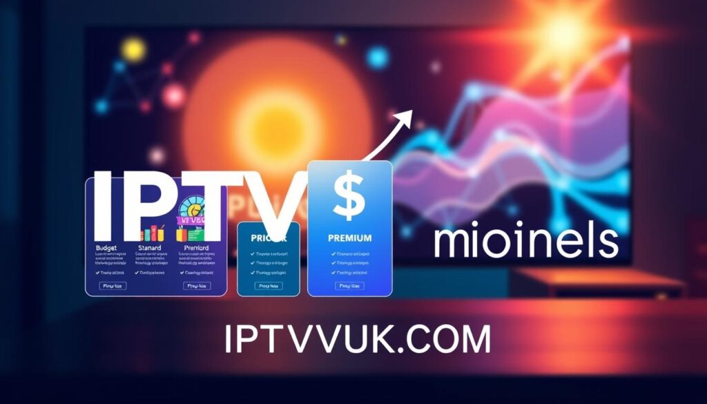 A visually engaging infographic representation of IPTV pricing models, featuring a clear layout with three distinct sections. In the foreground, illustrate diverse pricing tiers with vibrant, colorful charts or icons symbolizing budget, standard, and premium packages. In the middle, display visual metaphors like a dollar sign or a graph ascending to indicate value and growth in service affordability. The background should include abstract elements such as network or digital wave patterns that evoke technology and connectivity. Use bright, warm lighting to create an inviting atmosphere, ensuring a professional tone appropriate for business readers. The image should prominently incorporate the brand name "IPTVVUK.COM" in a sophisticated style, without any text overlays or watermarks, emphasizing clarity and professionalism in communicating IPTV pricing models.