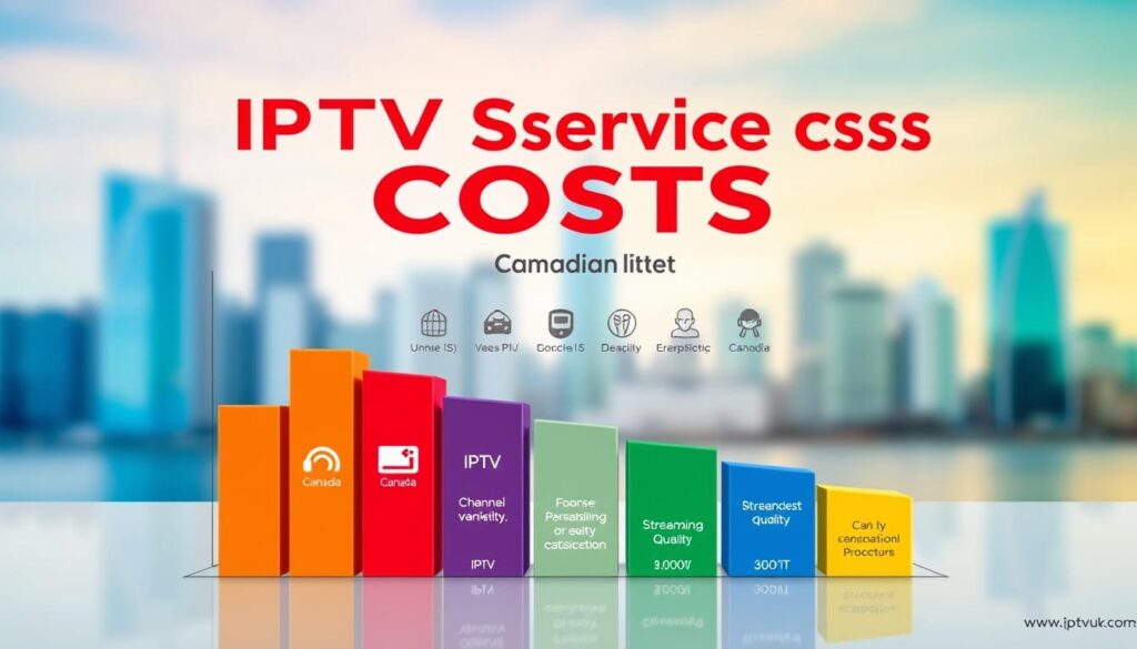A visually engaging infographic showcasing a comparison of IPTV services costs, centered around IPTVVUK.COM. In the foreground, display a stylized bar graph with colorful sections representing various Canadian IPTV providers. The middle section features icons or illustrations symbolizing features such as channel variety, streaming quality, and user satisfaction. The background includes a subtle, blended image of a Canadian city skyline, suggesting the target audience. Utilize bright, inviting colors and soft lighting to create a professional yet approachable atmosphere. The overall composition should convey a sense of clarity and informativity, with a clean layout designed for easy comprehension. The angles should be slightly tilted to give a dynamic feel, enhancing viewer engagement without overcrowding the image. A visually engaging infographic showcasing a comparison of IPTV services costs, centered around IPTVVUK.COM. In the foreground, display a stylized bar graph with colorful sections representing various Canadian IPTV providers. The middle section features icons or illustrations symbolizing features such as channel variety, streaming quality, and user satisfaction. The background includes a subtle, blended image of a Canadian city skyline, suggesting the target audience. Utilize bright, inviting colors and soft lighting to create a professional yet approachable atmosphere. The overall composition should convey a sense of clarity and informativity, with a clean layout designed for easy comprehension. The angles should be slightly tilted to give a dynamic feel, enhancing viewer engagement without overcrowding the image.