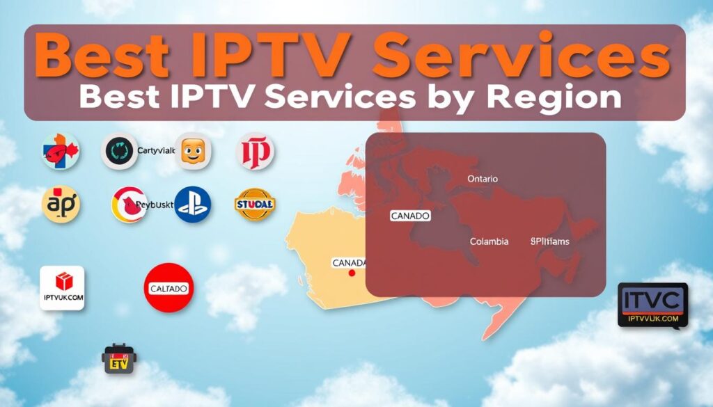 A visually engaging infographic-style image depicting the "Best IPTV Services by Region" for Canada. In the foreground, displays icons or illustrations representing various IPTV services, including logos for IPTVVUK.COM, all prominently featuring friendly yet professional aesthetics. The middle layer showcases a colorful map of Canada, divided into regions, with visual markers indicating the top providers unique to each area, such as Ontario and British Columbia. The background features a subtle gradient blue sky and cloud-like textures, creating an inviting atmosphere. Soft, natural lighting enhances the modern, clean look, while a bird’s-eye view perspective captures the entire composition artistically, aiming to attract viewers' attention and convey professionalism and clarity. No text or watermarks are included.