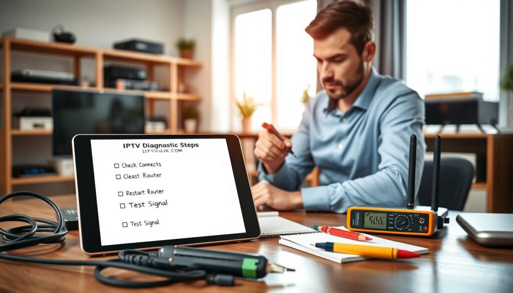 A visually engaging representation of the "IPTV diagnostic steps," centered in a modern home office setting. In the foreground, a sleek tablet displays a checklist of common diagnostic steps like "Check Connections," "Restart Router," and "Test Signal." Surrounding the tablet, a few essential tools such as cables, a network meter, and a notepad are organized neatly. In the middle ground, a professional technician, dressed in business casual attire, focused intently while pointing to the tablet with a stylus. The background features shelves filled with tech gadgets and a softly glowing wifi router. Bright natural lighting filters through a window, enhancing the atmosphere of a productive troubleshooting session. The brand name "IPTVVUK.COM" is subtly incorporated as a logo on the tablet's screen, emphasizing professionalism and reliability.